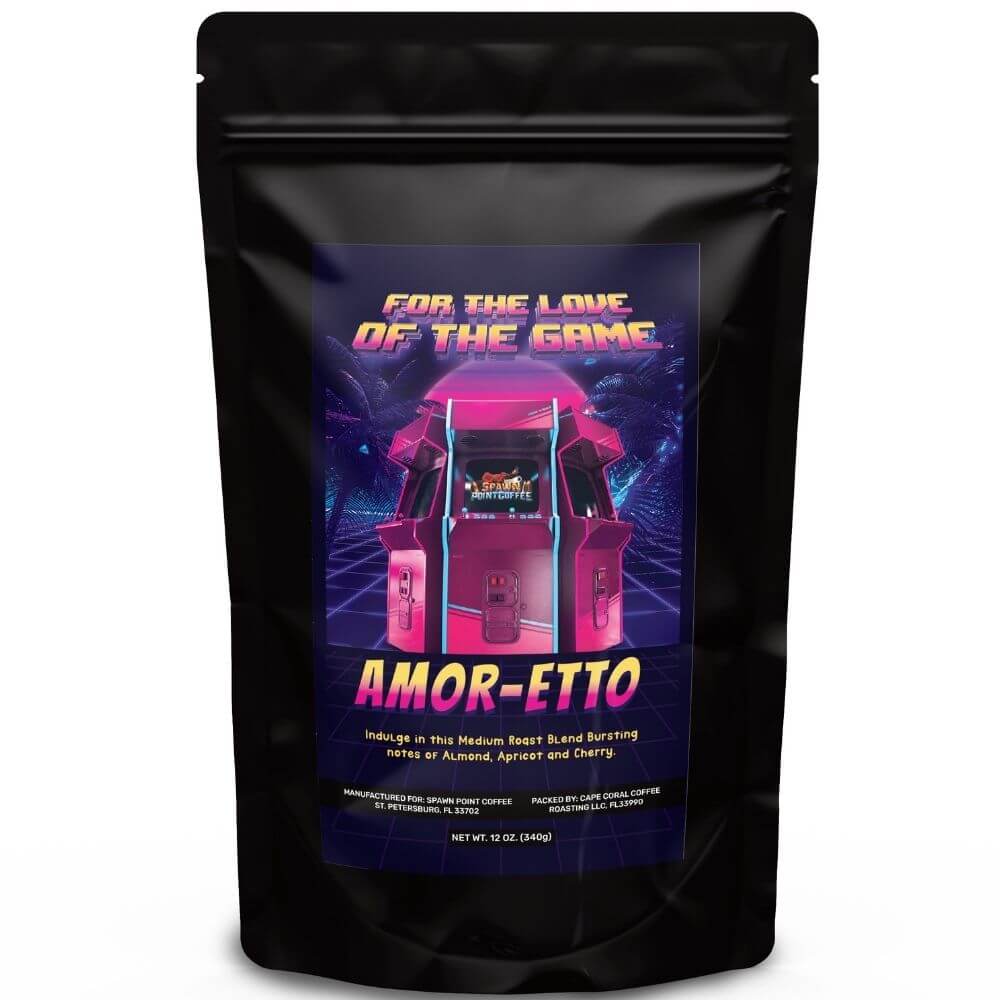 Bag of "For the Love of the Game" decaf medium roast amaretto flavored coffee with arcade game theme design and AMOR-ETTO branding.