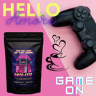 Amaretto flavored coffee package with gaming controller, text "Hello Amore" and "Game On," blending coffee aroma with gaming fun.