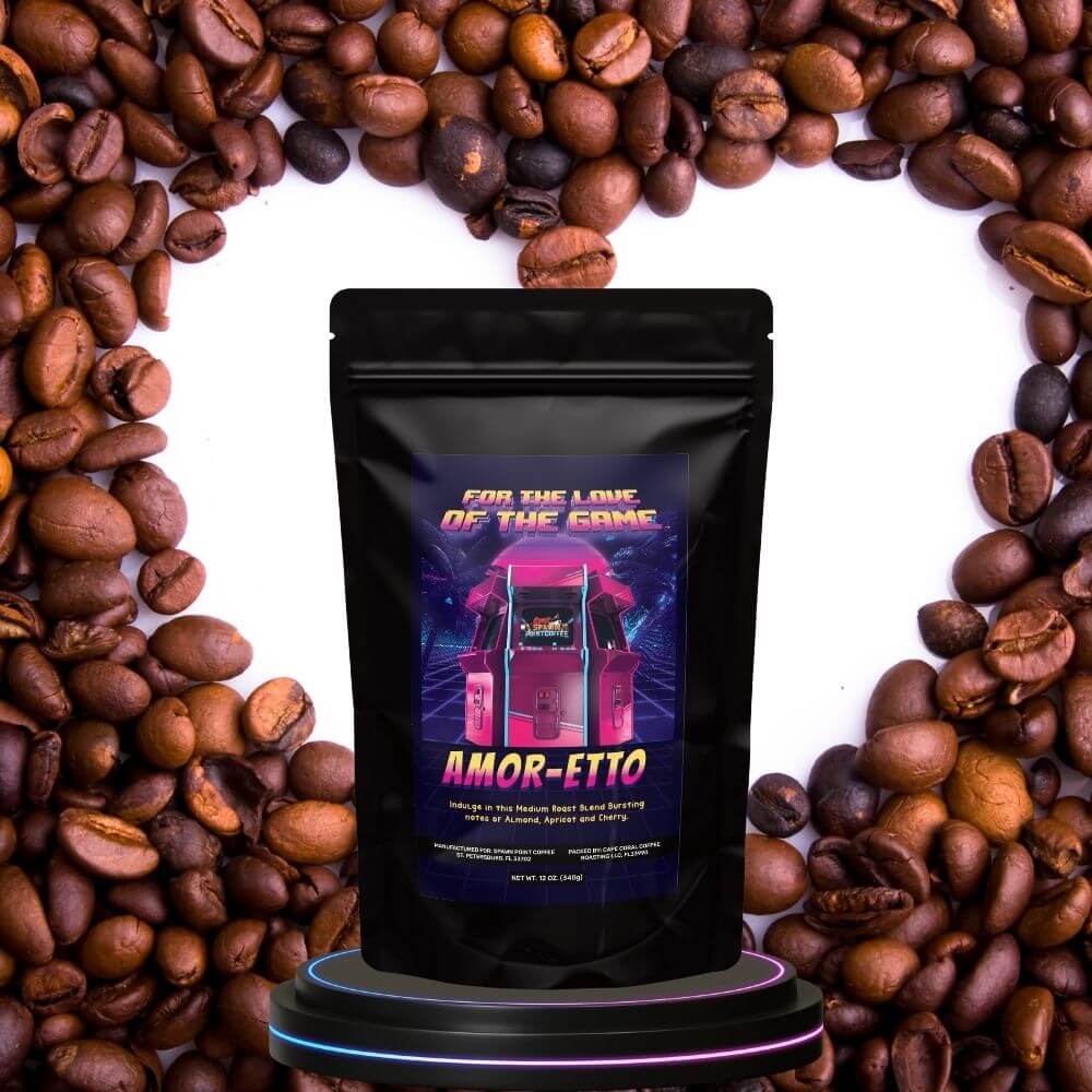 "Amaretto Flavored Coffee Blend in Gamer-Themed Packaging with Coffee Beans Background"