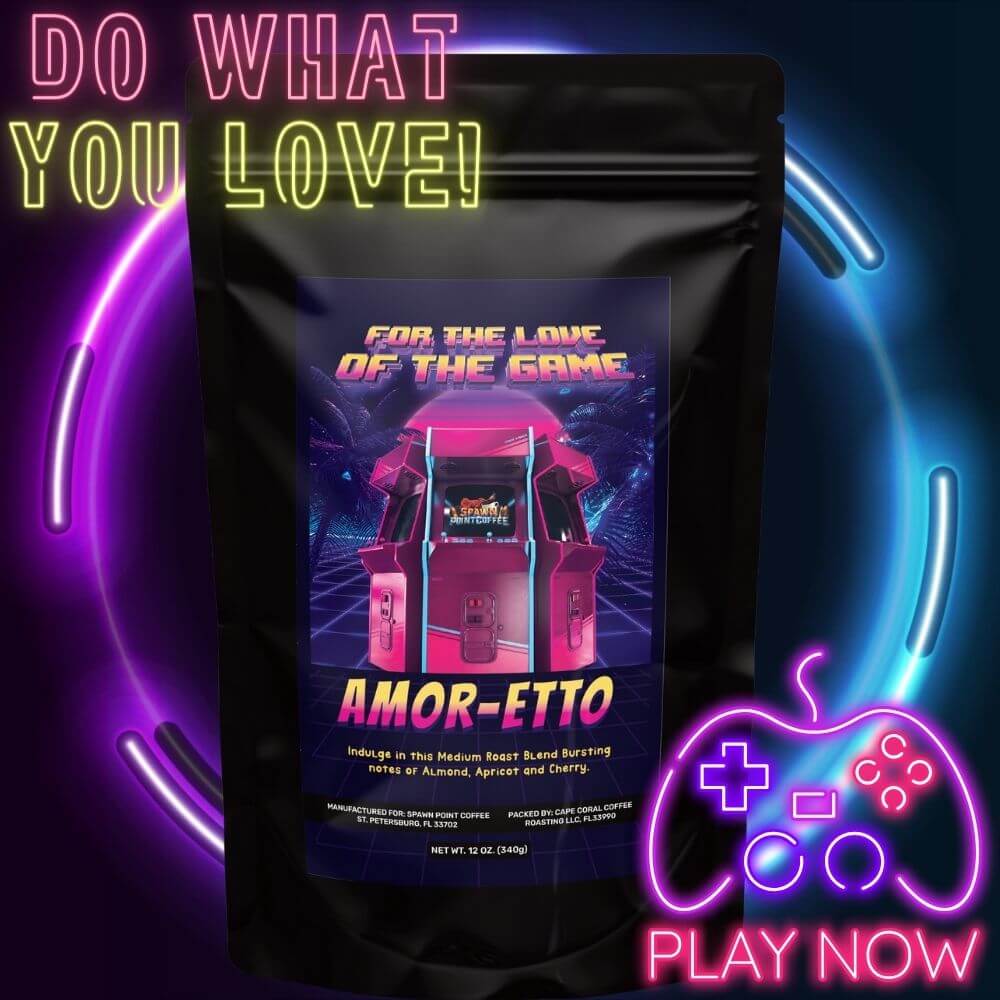 Medium Roast Amaretto Flavored Coffee Bag with Retro Gaming Theme and Neon Controller Design