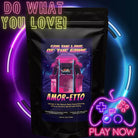 Medium roast Amaretto flavored coffee bag with gaming theme, featuring arcade machine and vibrant neon graphics.