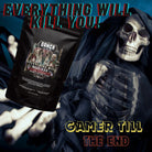 "Gamer Till the End Kenya AA Coffee with Skeleton and Bold Text Background"