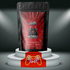 Java Supreme Ultimate Killing Machine Coffee Blend, medium roast, decaf, with gaming-themed packaging on display stand.