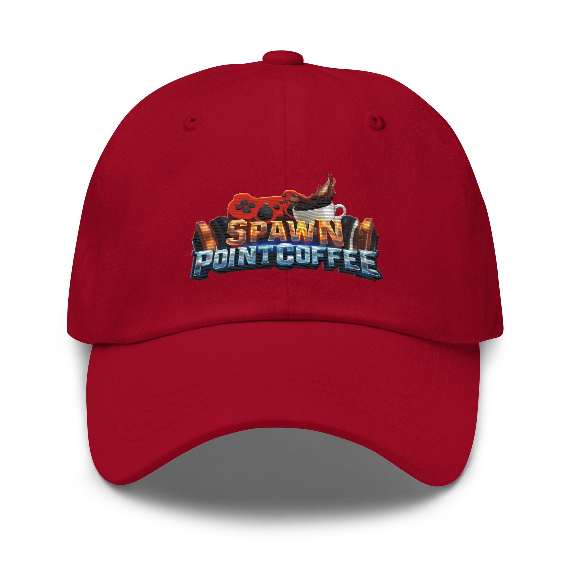 Red cap with "Spawn Point Coffee" logo, adjustable strap, and curved visor, ideal for gaming and coffee enthusiasts.