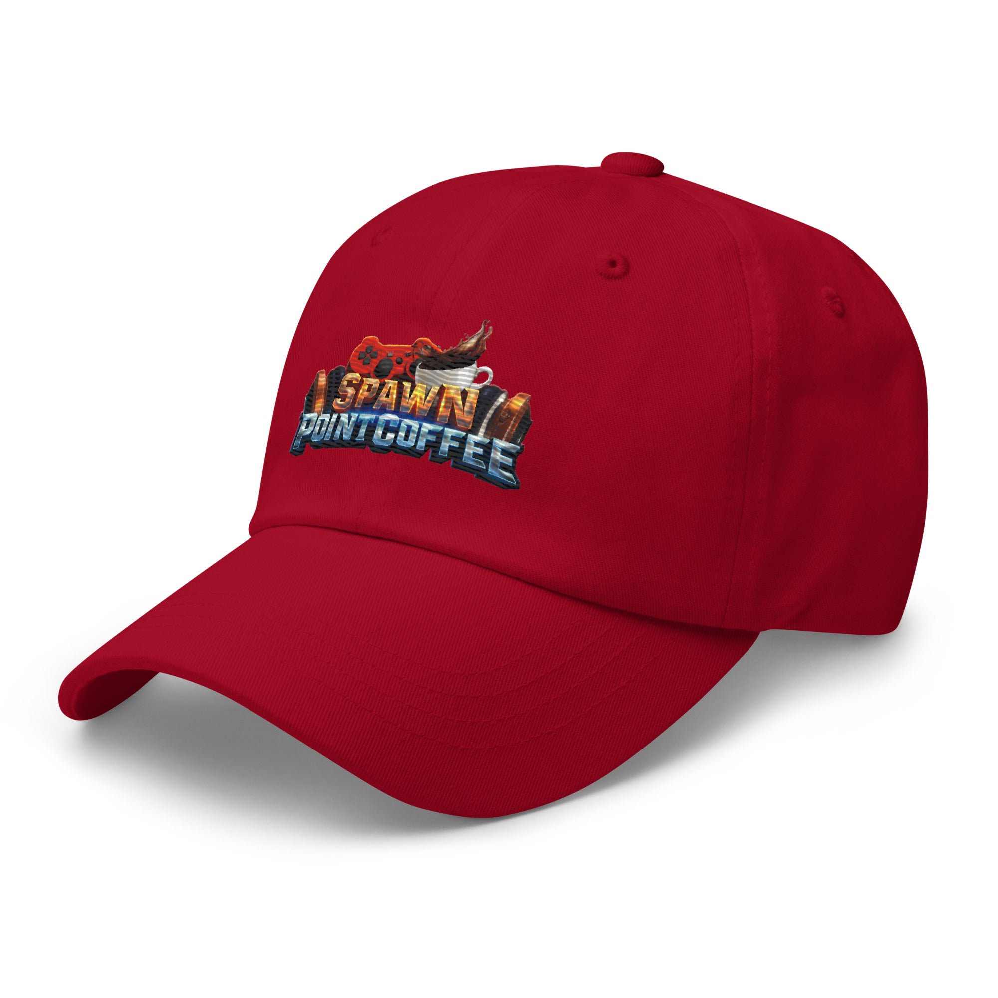 Red low-profile hat with "Spawn Point Coffee" embroidered logo, adjustable strap, and curved visor.