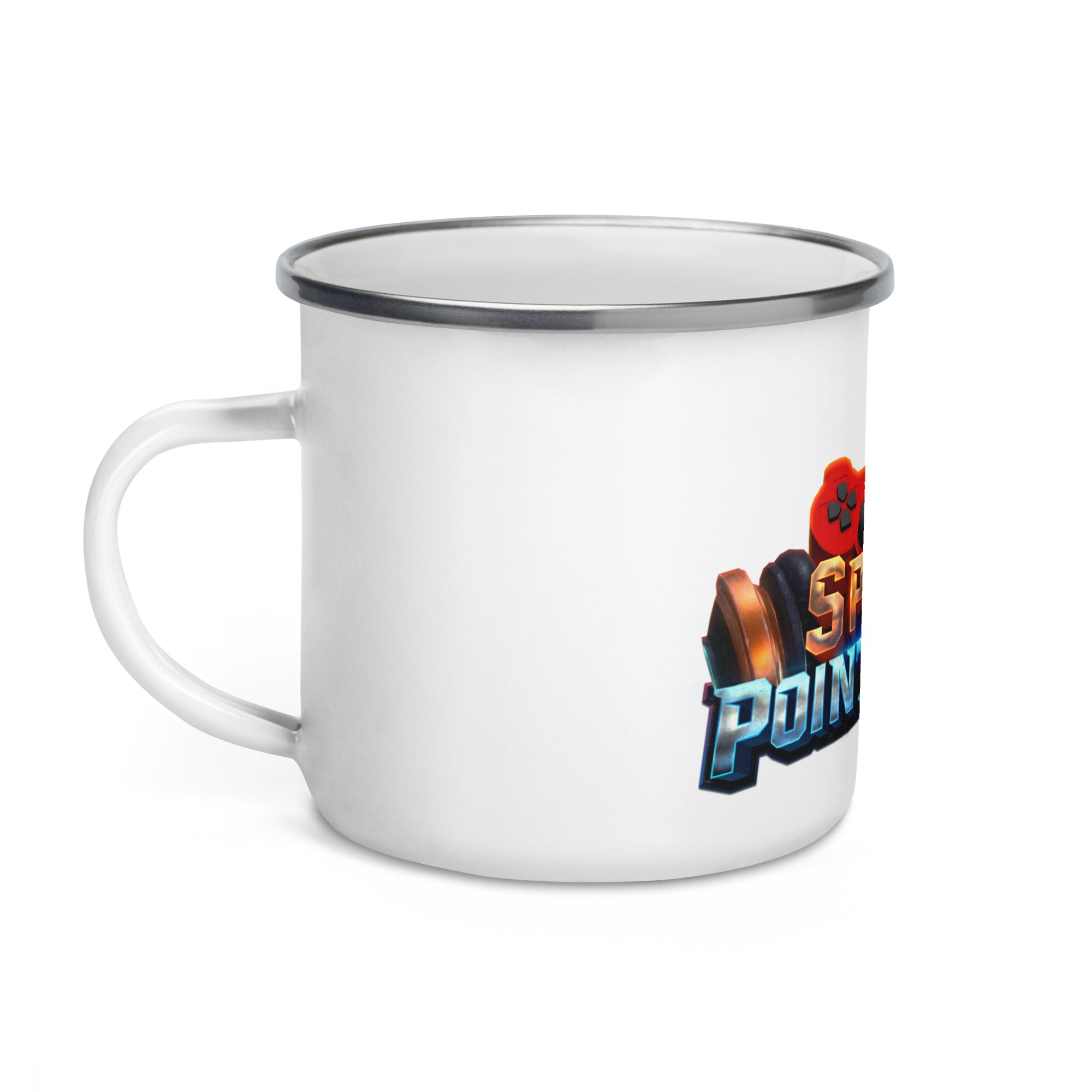 White enamel mug with silver rim featuring colorful camp-themed graphic design, perfect for hiking and camping adventures.