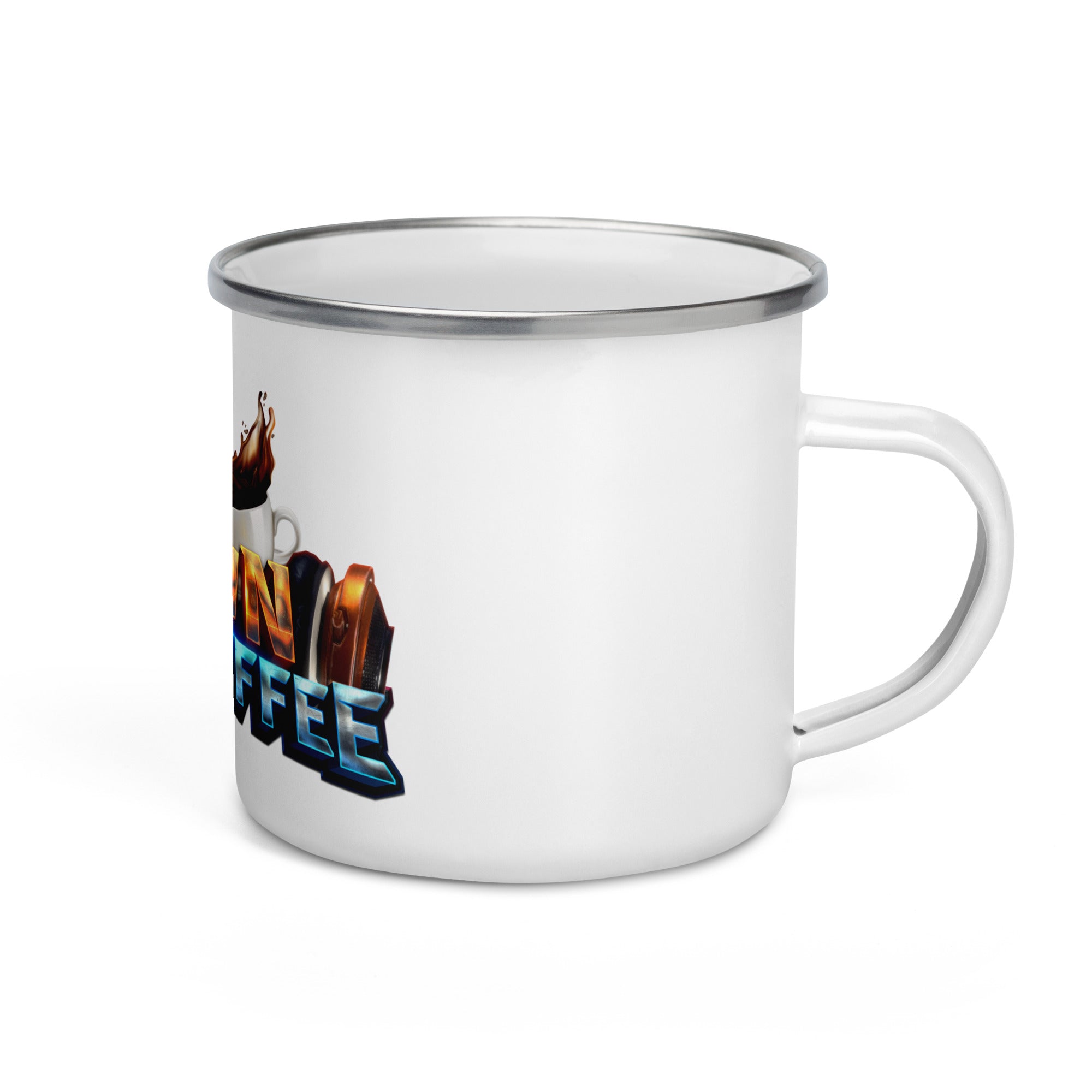 White enamel camper mug with silver rim and colorful graphic design, perfect for camping and outdoor activities.