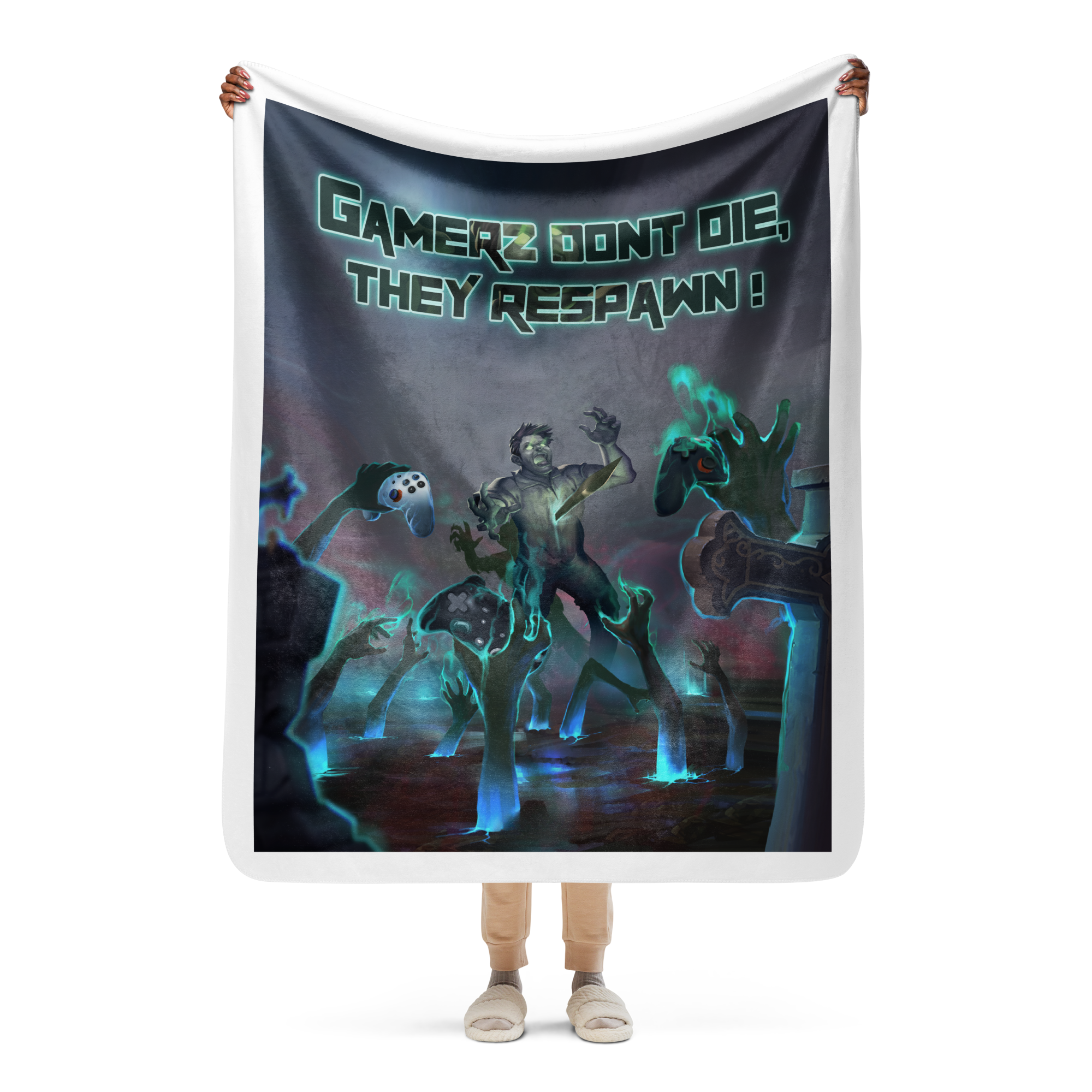 Gamer-themed sherpa blanket with "Gamers Don't Die, They Respawn" design, perfect cozy throw for gaming enthusiasts.