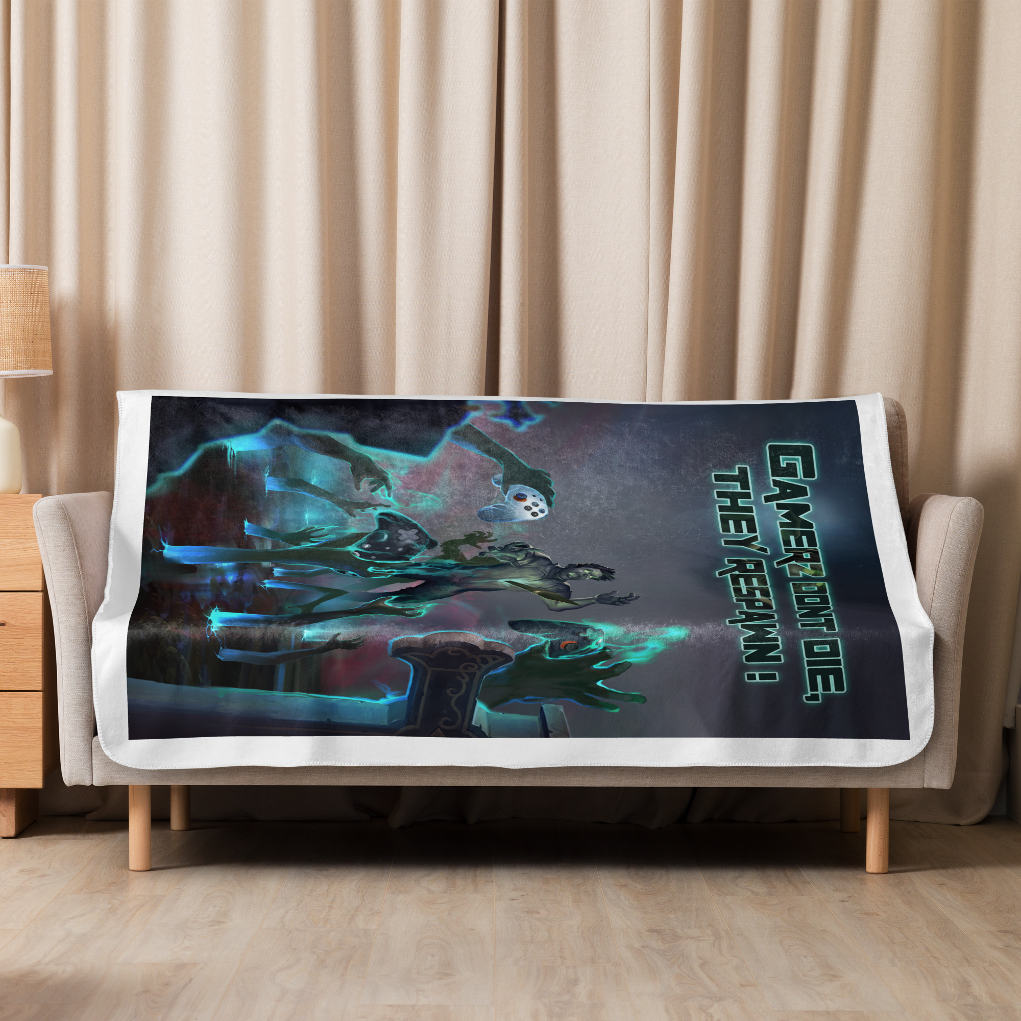 Gamers Respawn Point sherpa blanket displayed on a couch, showcasing vibrant gaming-themed design perfect for cozy lounging.