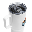 White travel mug with handle and spill-proof lid, made of stainless steel and BPA-free plastic, perfect for keeping beverages hot.