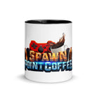 Ceramic mug with "Spawn Point Coffee" design and black interior, featuring a game controller and coffee splash graphic.