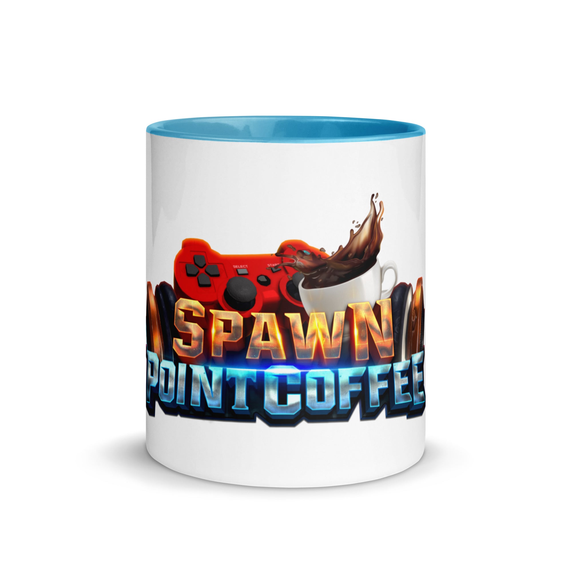 Colorful ceramic mug with gaming controller design, featuring the text "Spawn Point Coffee" and blue interior.