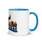 Ceramic mug with blue interior, rim, and handle, featuring vibrant coffee-themed design. Perfect for adding color to your morning coffee routine.