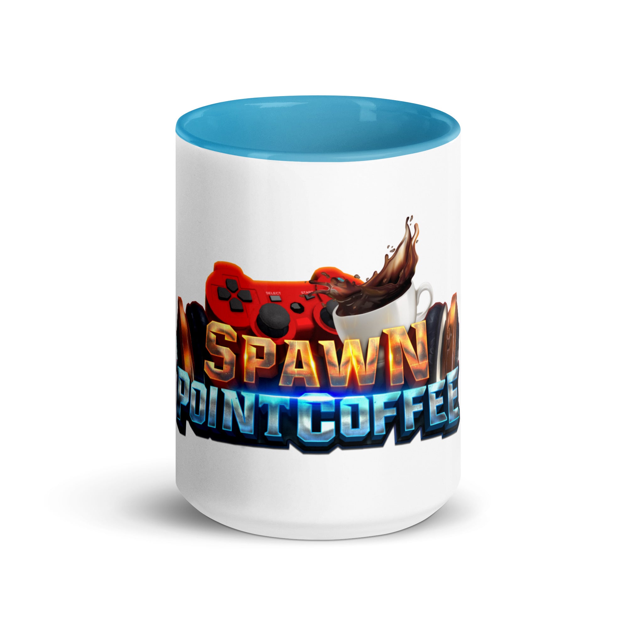 Ceramic mug with blue interior featuring a gaming-themed design and colorful graphics, perfect for coffee lovers.