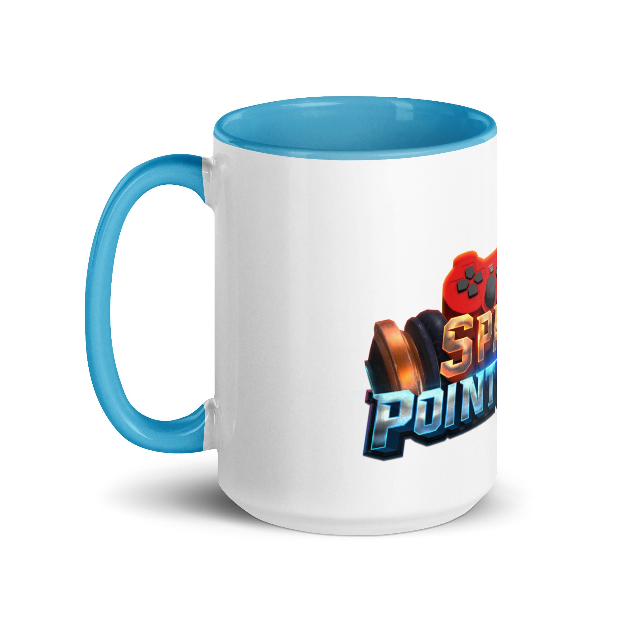 Ceramic mug with colorful blue rim and handle featuring a gaming-themed design, perfect for adding a splash of color to your coffee routine.