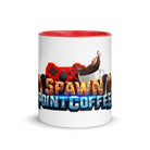 Ceramic mug with red interior and handle, featuring "Spawn Point Coffee" design with a gaming controller and coffee splash graphic.