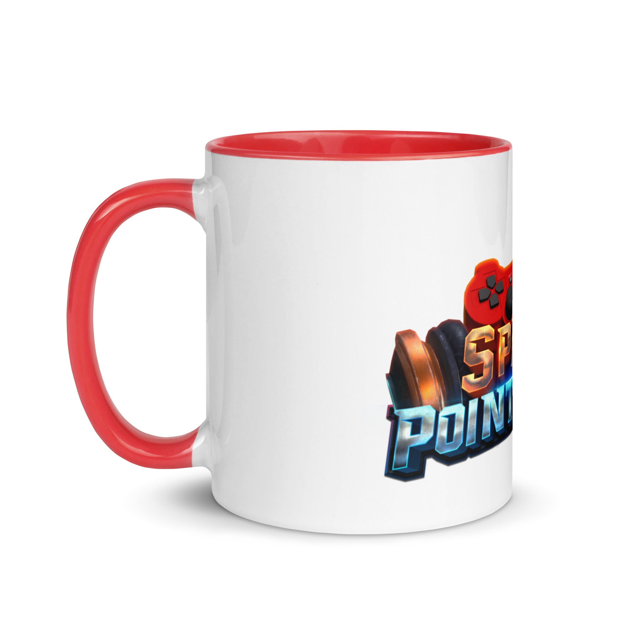 Ceramic mug with red interior, handle, and colorful gaming design on outside, perfect for adding a splash of color to your coffee routine.