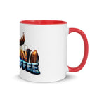 White ceramic mug with colorful design, featuring a red rim, handle, and inside, perfect for adding a splash of color to your coffee routine.