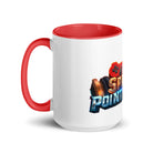 Ceramic mug with red interior, handle, and colorful design featuring "Spawn Point" text. Perfect for adding a splash of color to your coffee.