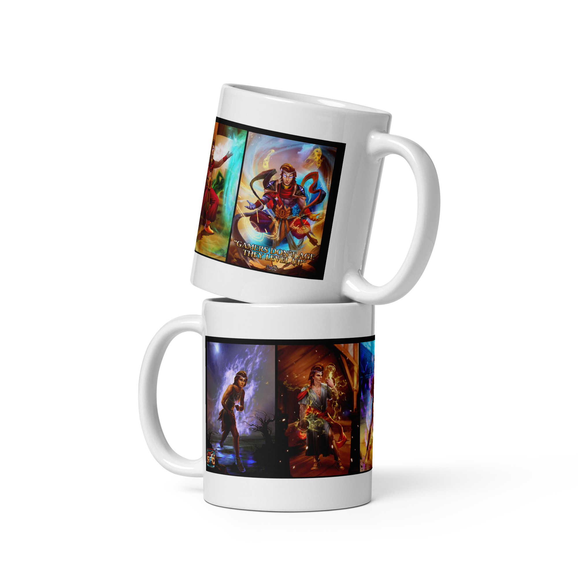 Stacked ceramic mugs with vivid, colorful prints of fantasy characters, microwave and dishwasher safe.