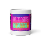 Ceramic mug with "Game Over" design, vivid colors, sturdy and glossy, microwave and dishwasher safe, perfect for gamers.