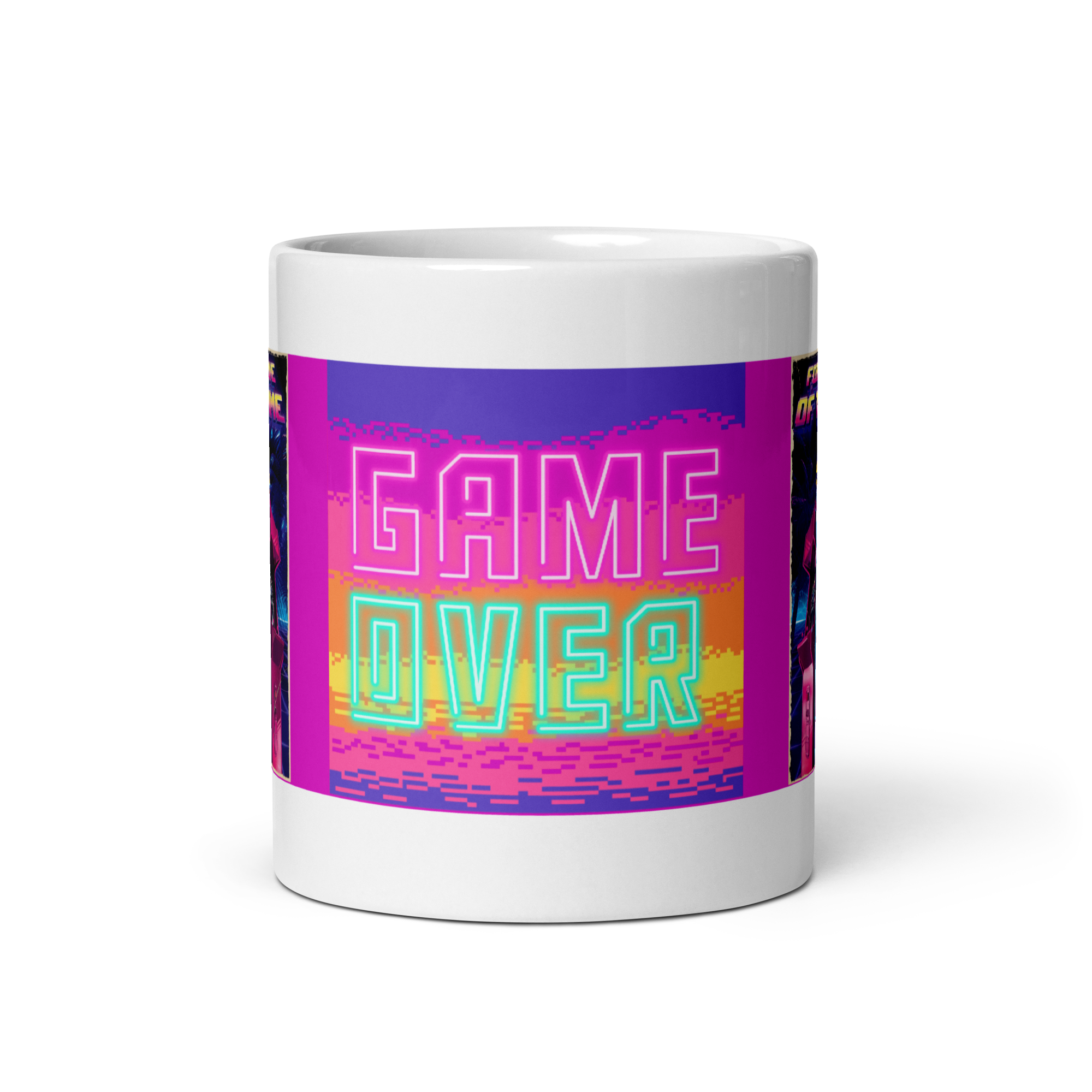 Ceramic mug with "Game Over" design, vivid colors, sturdy and glossy, microwave and dishwasher safe, perfect for gamers.