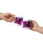 Two hands holding ceramic mugs with colorful "Game Over" print design, suitable for coffee or tea, microwave and dishwasher safe.