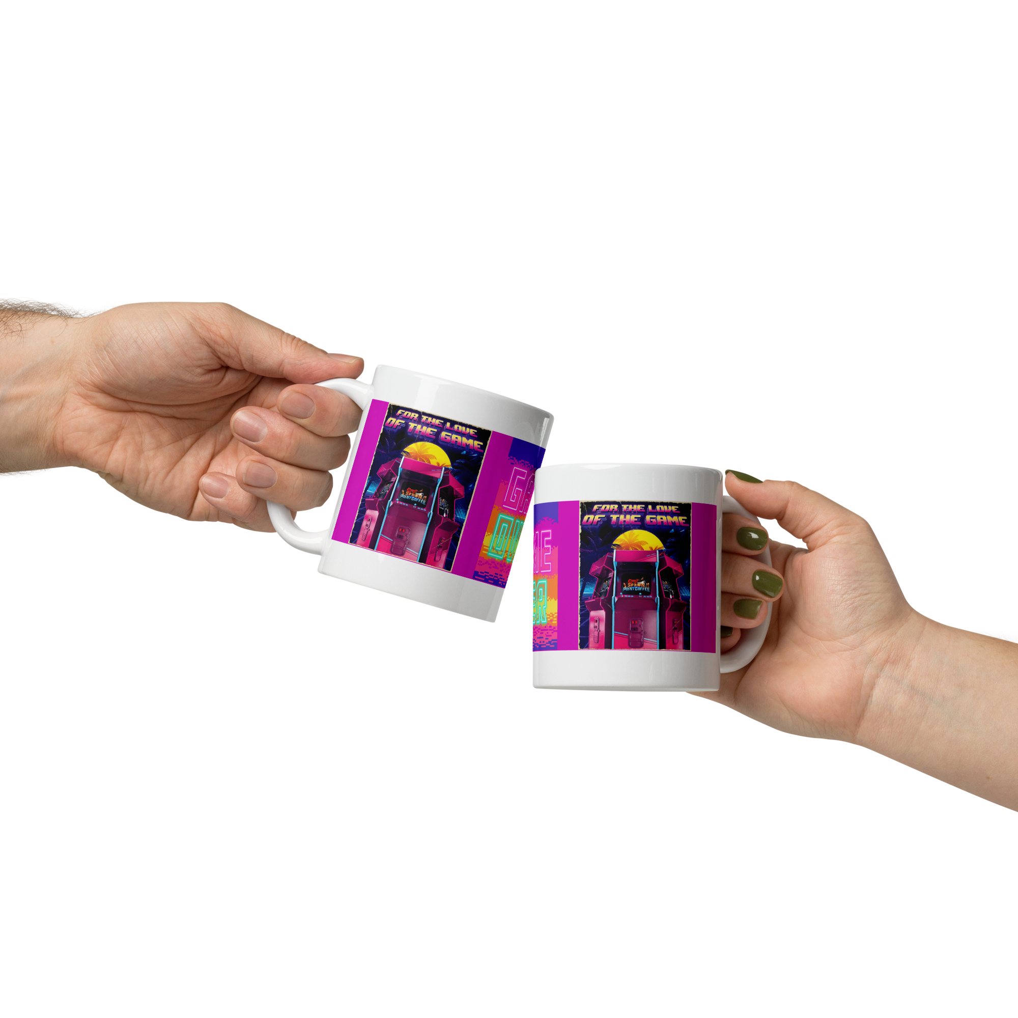 Two hands holding ceramic mugs with colorful "Game Over" print design, suitable for coffee or tea, microwave and dishwasher safe.