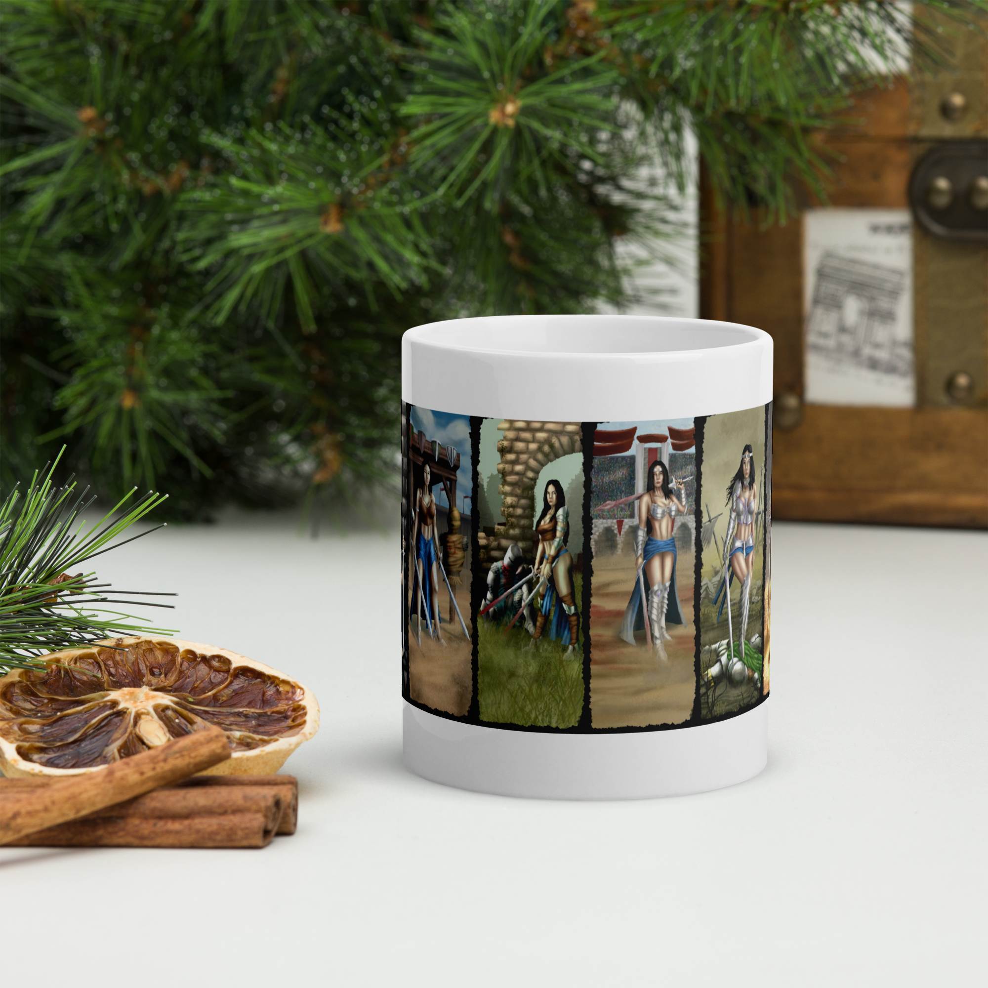 "Ceramic mug with vibrant gaming character print, surrounded by festive greenery and spices, suitable for microwave and dishwasher use."