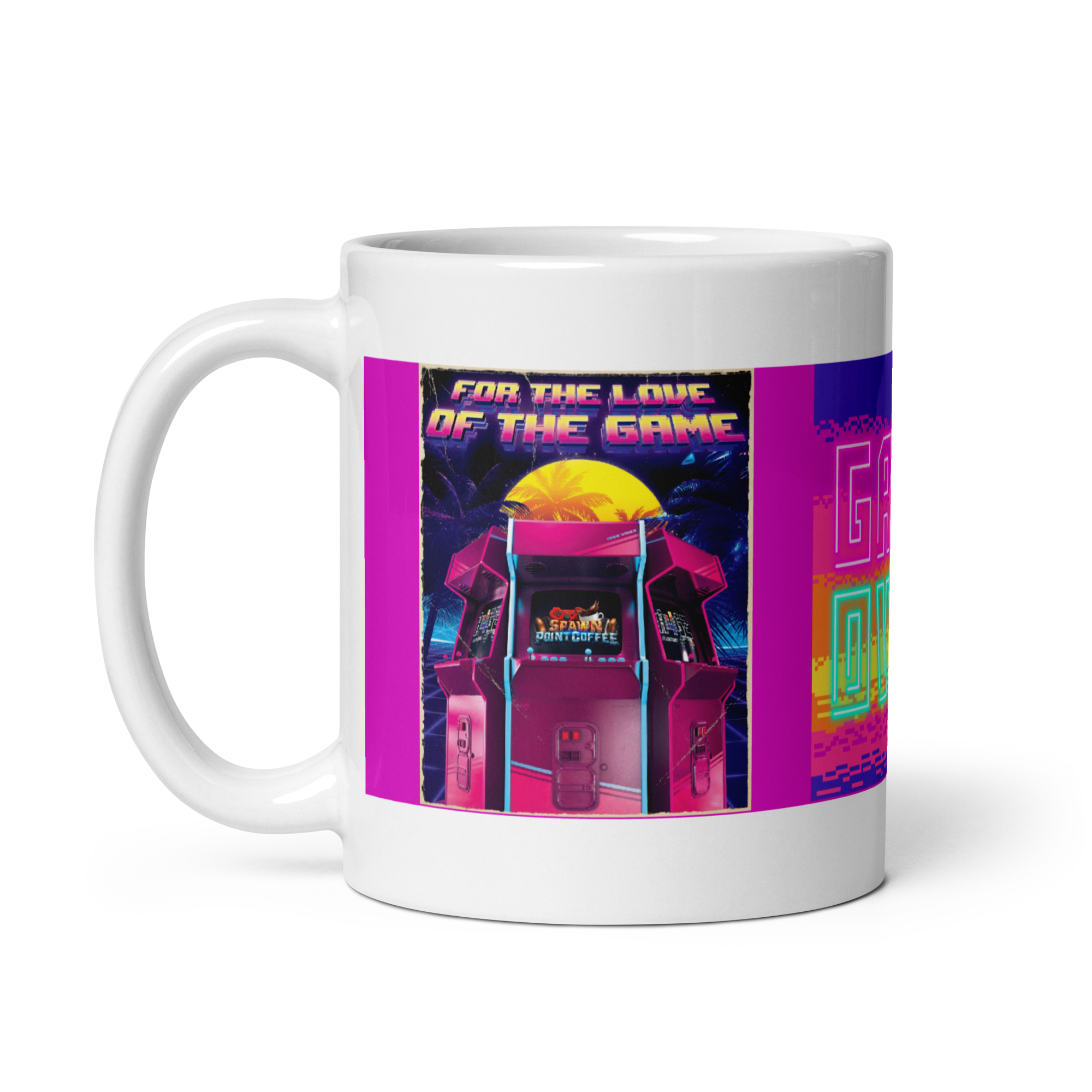 Retro-style arcade-themed mug design with vibrant colors and "Game Over" text, perfect for coffee and tea lovers.