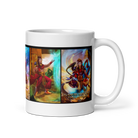 "Level Up mug with vibrant fantasy artwork featuring dynamic characters, 15 oz ceramic, dishwasher and microwave safe"