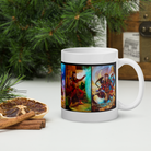 White ceramic mug with colorful fantasy-themed prints, set beside dried citrus slices and cinnamon sticks, against a festive backdrop.