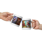 Two people clinking ceramic mugs with colorful prints, showcasing sturdy, dishwasher and microwave safe design.