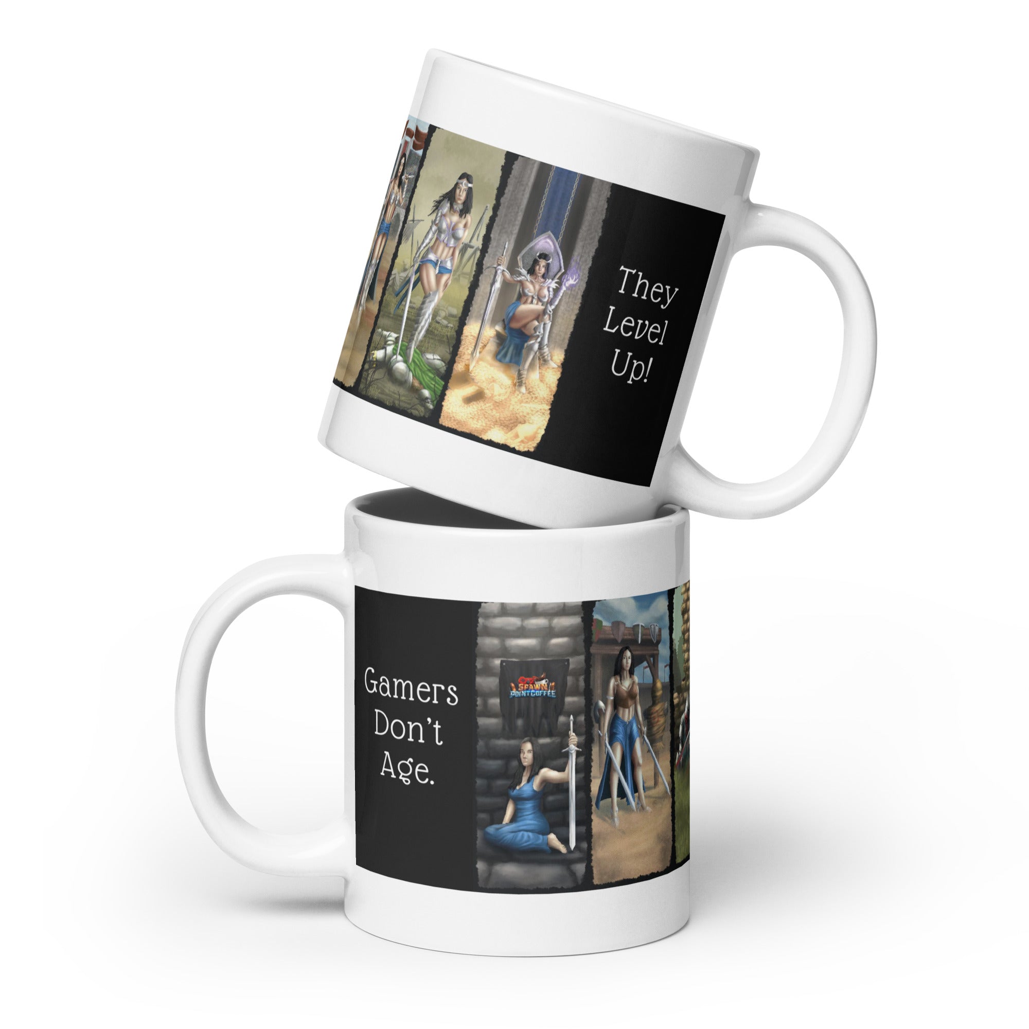 "Sturdy ceramic mug with 'Gamers Don't Age' and 'They Level Up!' designs, featuring vibrant gaming artwork on both sides."