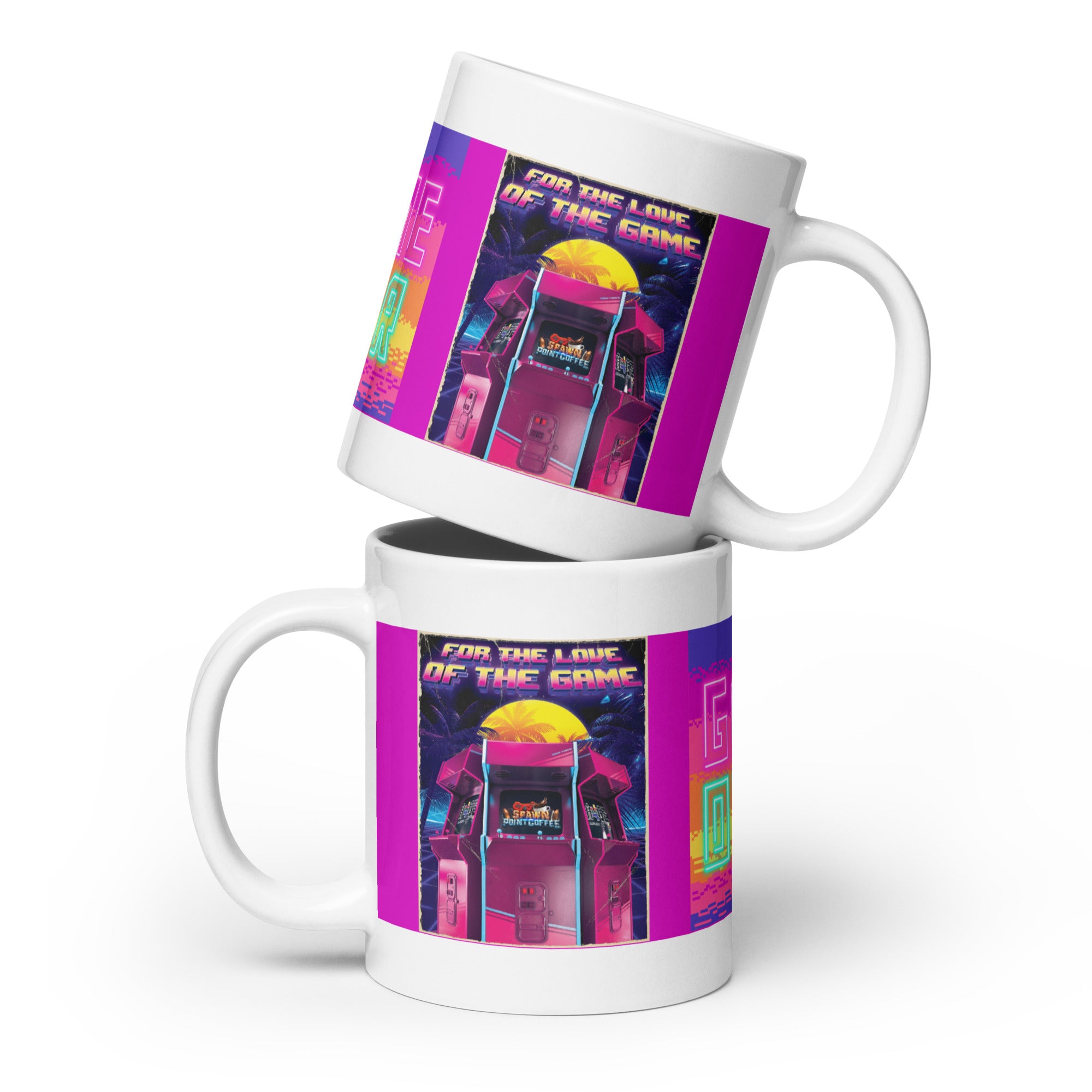 Two stacked ceramic mugs with a retro arcade game design, vibrant colors, and text "For the Love of the Game". Perfect for gamers.