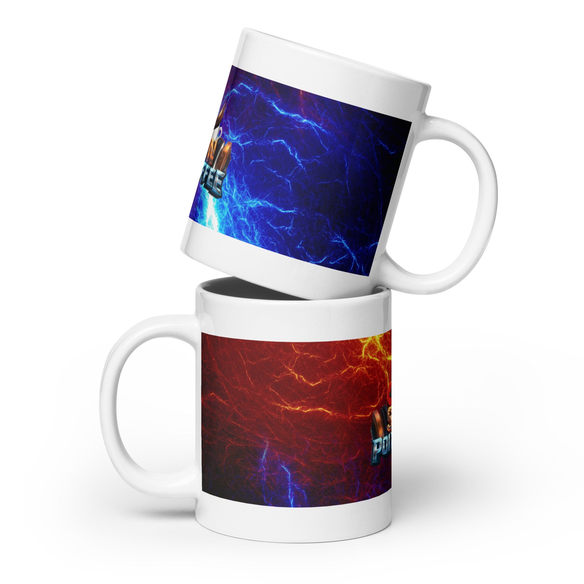 Two SPC Lightning Mugs stacked, featuring vivid blue and red lightning designs on a sturdy, glossy ceramic finish.